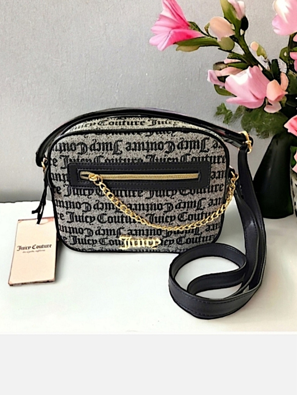 Juicy Couture Black and Beige Chain-Up Camera Crossbody Bag